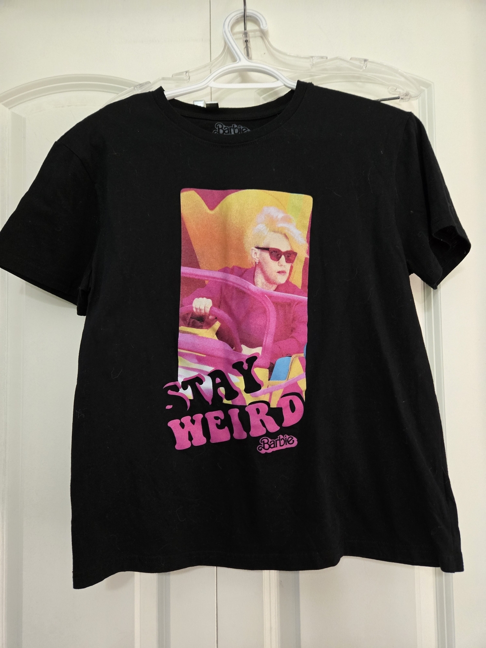 Barbie Stay Weird Black Tee with Pink & Yellow Retro Graphic